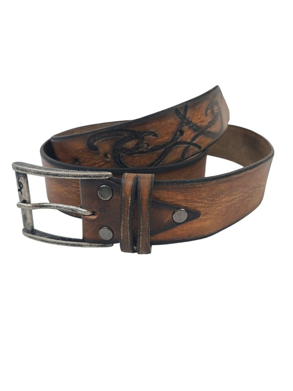 NEW Ishaor Handcrafted Brown Tooled Leather Belt Silver Buckle 1.5" Wide